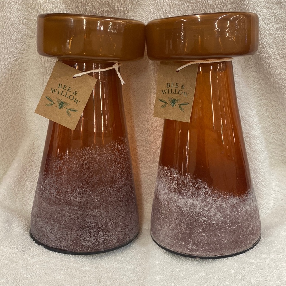Bee & Willow Brown Half Frosted Glass 8 inch Candle Holders - Lot of 2 NWT